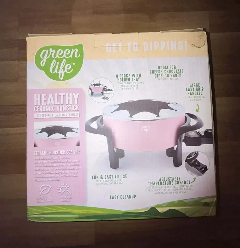 GreenLife 3QT Healthy Ceramic Nonstick Fondue Party Set with 8 Forks, Pink